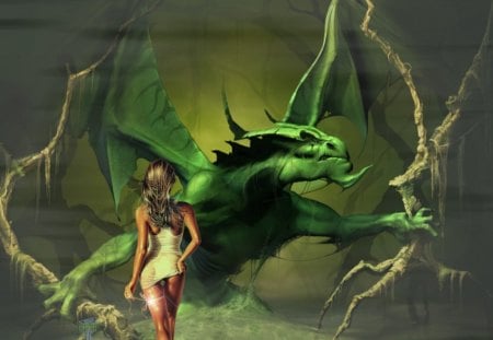 GREEN DRAGON - girl, fantasy, dragon, gren