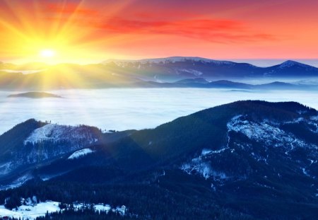 Winter Sun - beauty, sky, trees, magic, peaceful, sun, mountains, sunset, amazing, view, winter time, clouds, sunrays, tree, winter sun, snowy, rays, hill, landscape, sunlight, hills, winter, snowflakes, lovely, nature, magic winter, snow, beautiful, splendor, winter sunset, winter splendor, sunrise