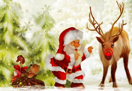 Santa's secret - forest, beautiful, stars, deer, toys, christmas, gifts, secret, teddy, new year, talking, animal, winter, pretty, snowflakes, santa claus, holiday, bear, reflection, nice, lovely, roe, ice, trees, painting, snow