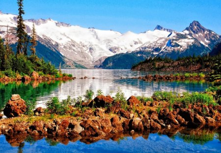 Reflection of a snowy mountain - lakeshore, nice, sky, water, colorful, rocks, pretty, calmness, river, lake, mountain, summer, shore, slopes, lovely, peaks, serenity, nature, bank, blue, beautiful, stones