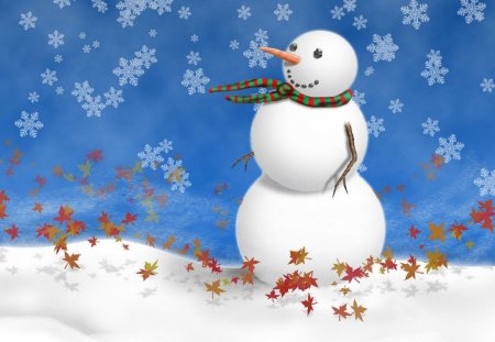 Happy Snowman - white, snowman, snowflakes, blue, snow