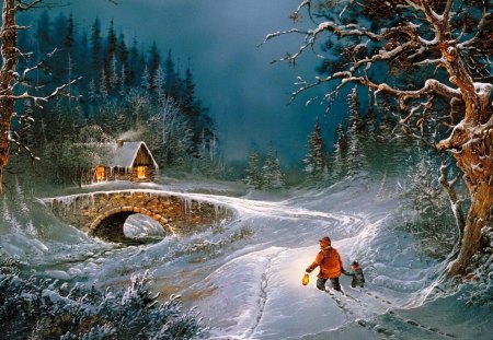 Winter adventure - cottage, slope, stream, darkness, evening, cold, river, frozen, mountain, deep, child, forest, beautiful, frost, snow, cabin, nice, sky, trees, peaceful, path, painting, father, pretty, walk, house, bridge, kid, winter, night, lovely, village, cloudy, adventure, steps, snowing, lights