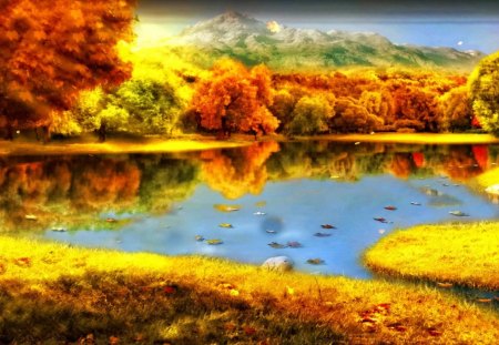 Autumn reflections - lakeshore, autumn, trees, riverbank, water, colorful, clear, mirrored, foliage, calm, crystal, fall, yellow, reflection, calmness, river, golden, pond, lake, falling, mountain, shore, peaks, serenity, nature, tranquility, forest, red, leaves