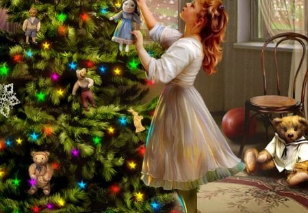 Christmas time - pretty, gifts, window, bells, holiday, nice, house, lady, noel, lights, new year, warmth, fun, evening, room, toys, stars, joy, santa claus, home, teddy bear, candles, decoration, beautiful, girl, lovely, tree, christmas, colorful, time, painting, woman, young