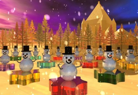 ღ.Coming Jolly Snowmen.ღ - snowflakes, abundant, gifts, hats, snow, celebration, shining, jolly, holiday, ornaments, greeting, seasons, dancing, xmas, sparkle, colors, love, striking, wonderful, frozen, happiness, white, christmas tree, winter time, new year, green, cute, yellow, blue, amazing, splendor, toys, frosty, festival, stars, family, magnificent, purple, red, golden, winter, decoration, beautiful, cool, lovely, sweet, christmas, black, colorful, adorable