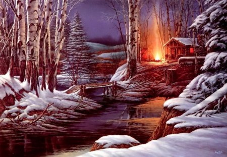 Sharing the solitude - warmth, cabin, creek, snow, stream, picnic, night, reflection, frost, nice, cottage, sky, firel evening, house, trees, winter, beautiful, lovely, river, sharind, frozen, lights, painting, dusk, solitude, bridge