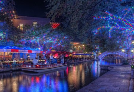 BLUE CHRISTMAS - waterscapes, lights, holidays, hdr, architecture, river, canals, bridges, trees, restaurants, boats