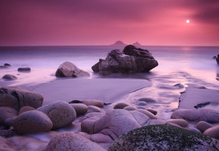 ROSE COLORED HORIZONS - beach, sun, sunset, rocks, seas of glass, low tide, pink, waterscapes, horizons, sea