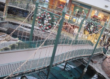 Christmas decoration on the bridge - ornament, green, lights, photography