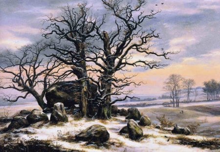 Painting - winter, painting, tree, cloud