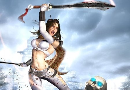 FEMALE WARRIOR 2 - fantasy, female, warrior, swords, wallpaper, skull