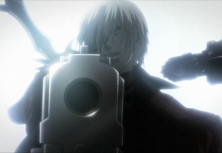 ....any last words? - dmc, dante, anime, white background, guns, weapons, white hair, devil may cry, pistol, games, video games