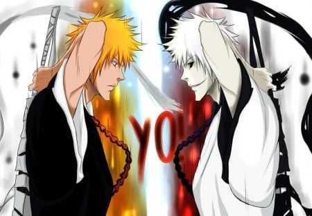 YO - kurosaki ichigo, hollow ichigo, swords, bleach, zangetsu, white background, ichigo, weapon, anime, ichigo kurosaki, sword, weapons, hollow zangetsu