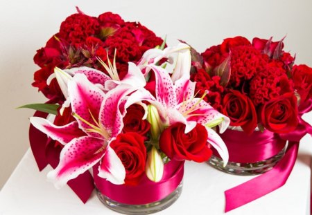 à¹‘â™¥à¹‘ Red LOVEà¹‘â™¥à¹‘ - love, magnificent, bows, lilies, passion, ribbons, fashion, wonderful, stunning, entertainment, bright, electric pink, floral, red roses