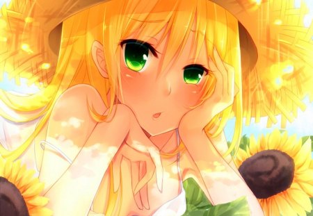 Beautiful Girl - hat, anime, girl, sunshine, green eyes, long hair, big breasts, sunflower, cute, sexy