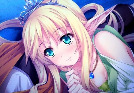 Sweet Princess - anime, blonde haie, crown, girl, ganem, lying, night, long hair, moonlight, big breasts, necklace, cute, maou to odore legend of lord of lords, blue eyes