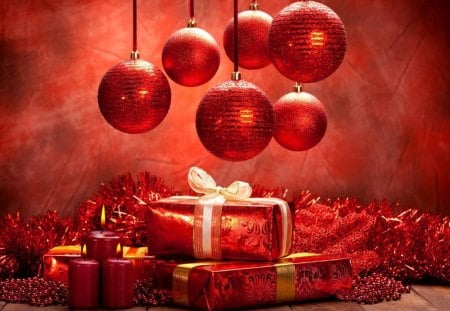 SHINY RED CHRISTMAS - tinsel, gifts, presents, floorboards, red, baubles, flames, candles, decorations, wrapping