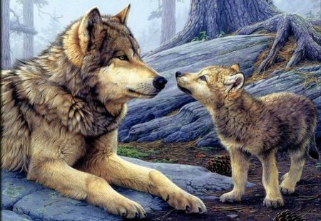 Wolves - stone, wolf, dog, forest, fur, pinecone, animal, painting, cute, puppy, art, artist