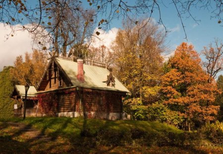 Autumn Cabin - cottage, sunshine, landscape, trees, colors, cabin, house