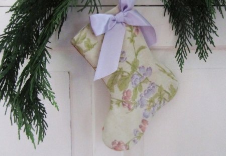 ๑♥๑ Adorable Christmas ๑♥๑ - fir branch, lavender, ornament, pink, door, ribbon, pale purple, print, forever, colors, love, boots christmas, soft, traditional, floral, bow, pastel