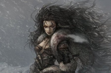 Tough Girl - black, fantasy, grey, white, female, woman, snow