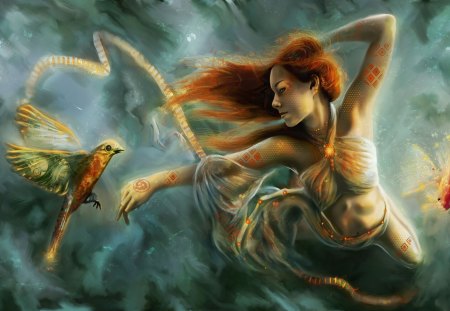 Girl and Bird - bird, fantasy, woman, fly, girl, sky