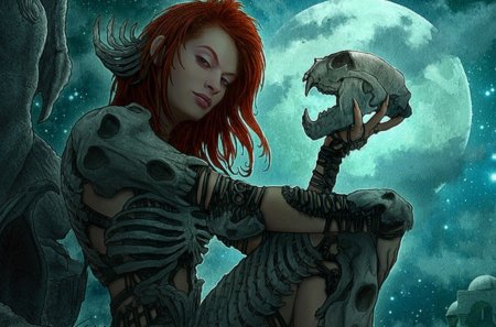 Bone Armor - armor, moon, redhead, woman, bone, night, bones