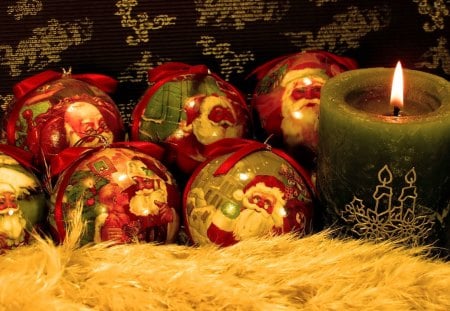 Christmas balls - nice, new year, santa claus, joy, balls, flame, gofts, pretty, reflection, holiday, tree, candle, light, lovely, christmas, beautiful, decoration