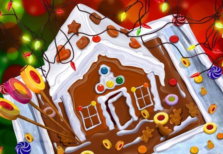 Gingerbread house - pretty, gifts, delicious, joy, santa claus, holiday, yummy, merry christmas, nice, cottage, house, gingerbread, beautiful, lovely, sweet, christmas, colorful, lights, new year, candies