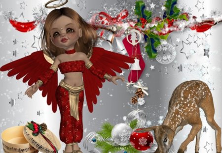 Red Angel - reindeer, x-mas, angel, christmas