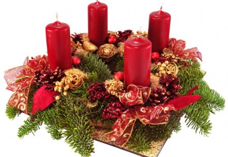 Christmas candles - red, pretty, beautiful, candles, christmas, holiday, deciration, nice, lovely, tree, branch, new year