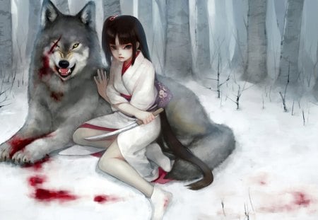 After battle - winter, fighter, blood, fantasy, wolf, white, battle, red, snow, dog, animal, brunette