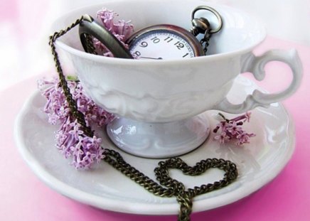 ♥ amour ♥ - pocket watch, heart, coffee cup, lilac, flower