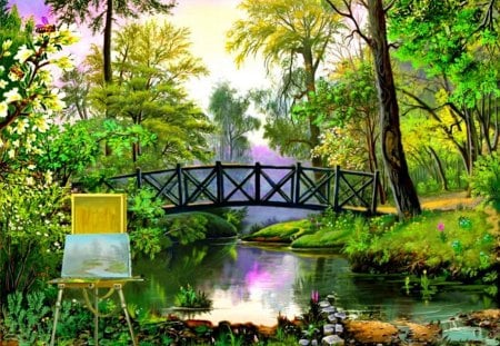 Lovely place for painting - nice, sky, trees, greenery, water, creek, calm, painting, pretty, reflection, calmness, painter, green, sunny, grass, pond, bridge, rays, lake, summer, place, lovely, serenity, bushes, nature, tranquility, forest, beautiful, colors