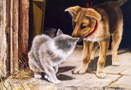 Friendship - pretty, dog, grass, home, fluffy, kitten, puppy, friends, yard, nice, beautiful, friendship, lovely, sweet, playing, cat, buddies, painting, cute, adorable, kitty