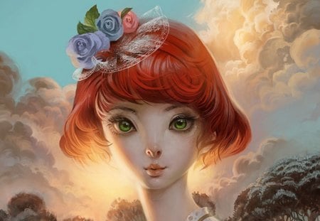 Green Eyes - roses, trees, fantasy, big eyes, girl, green eyes, sky