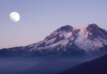 Moon Over The Mountain - sky, moon, nature, mountain, snow