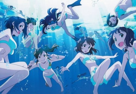 In Deepwater - girls, idolmaster, blue, bikini, sea