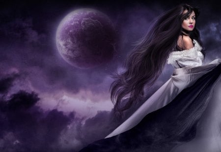 Full Moon - moon, beauty, art, girl, pretty, dark, fantasy