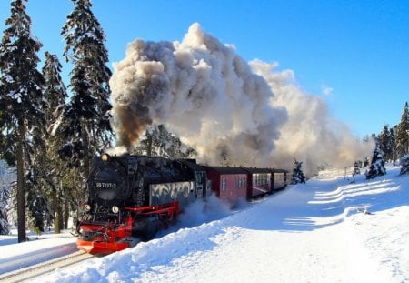 Vintage train in a Winter scenery - train, railway, locomotive, landscape, snow, winter