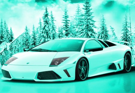 snow lambo - lamborghinni, mami, trees, cars, aliens, landscape, snow