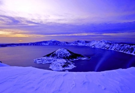 DAWN at CRATER LAKE - dawn, winter, crater, lake, morning, forest, mountain, sky