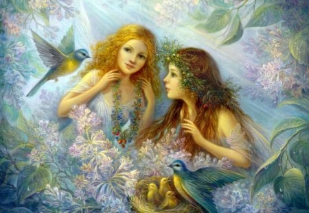 Painting - girls, fantasy, painting, birds, angel