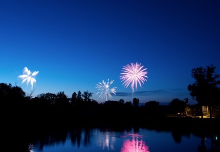 fireworks reflected in water - reflected, water, fireworks, sky