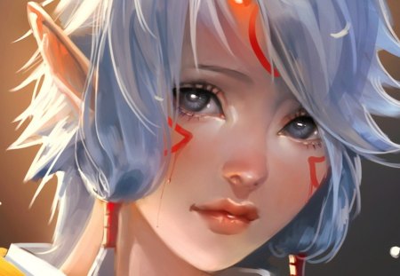 Young Wild Elf - elf, fantasy, ears, war pain, elven, face, young, silver hair