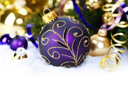 Christmas Decoration - pretty, magic, christmas balls, snow, holidays, golden balls, purple, holiday, magic christmas, ribbon, decorations, merry christmas, golden, xmas, winter, decoration, ball, happy new year, beautiful, balls, snowy, photography, purple balls, christmas decoration, beauty, lovely, christmas, winter time, new year, happy holidays