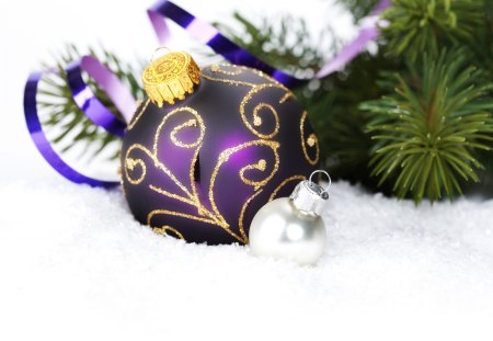 Christmas Decoration - new year, beauty, xmas, happy holidays, magic, photography, magic christmas, christmas decoration, balls, silver, purple, pretty, winter time, decorations, silver ball, holiday, ribbon, snowy, winter, ball, purple ball, lovely, christmas, silver balls, christmas tree, happy new year, holidays, merry christmas, purple balls, snow, beautiful, decoration