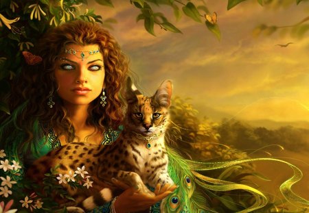 FANTASY GIRL/CAT - witch, fantasy, cat, wallpaper