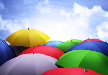 Colorful Umbrellas - clouds, pretty, colorful umbrellas, beautiful, photography, beauty, colors, lovely, colorful, umbrella, nature, sky, umbrellas