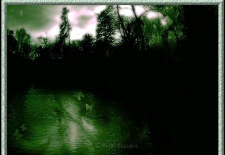 Lost kiss. - green, lake, kiss, couple, dark